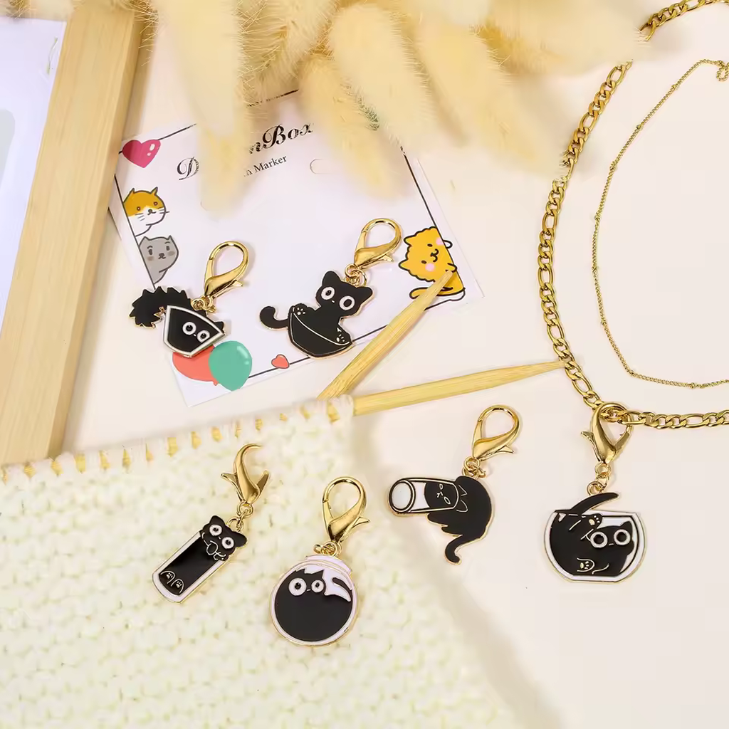 Elegant Black Cat Stitch Markers Set 6pcs