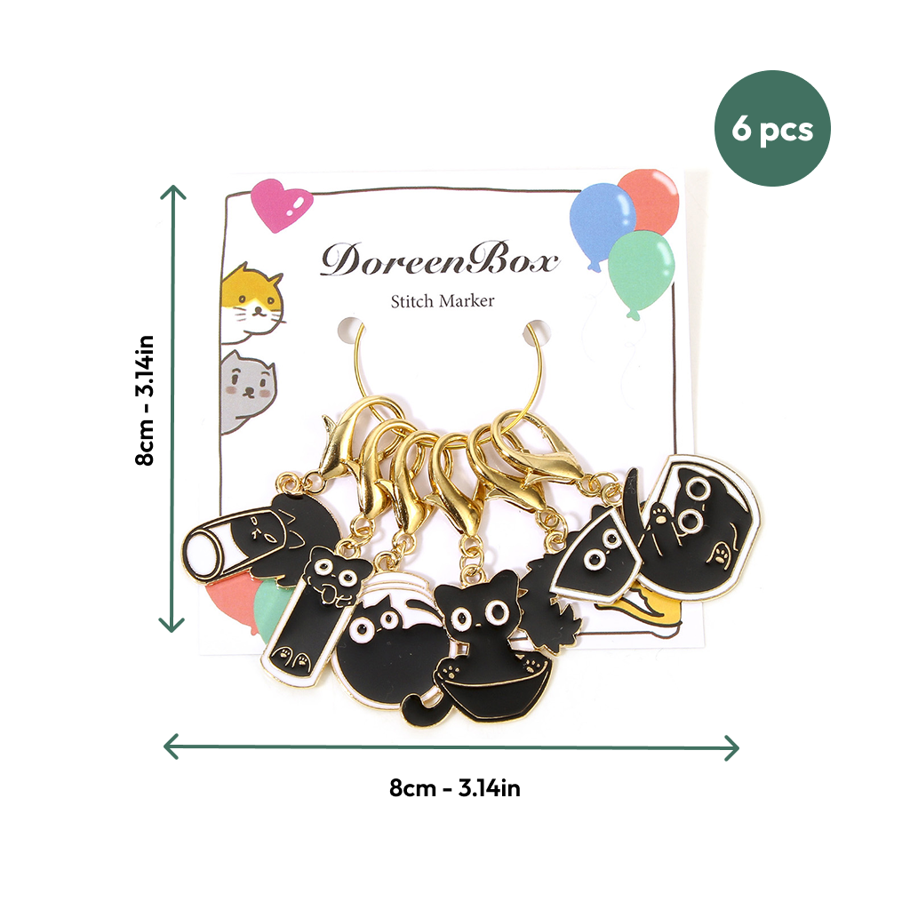 Elegant Black Cat Stitch Markers Set 6pcs
